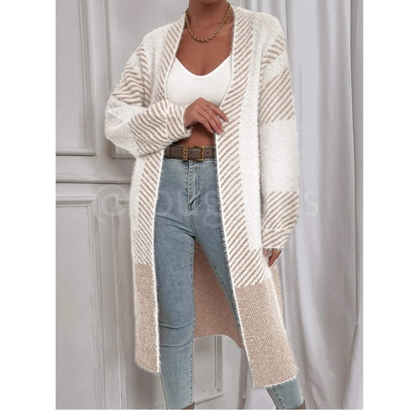 Fuzzy Longline Duster Cardigan Open Long Sleeve Colorblock White Beige - Picture 2 of 9